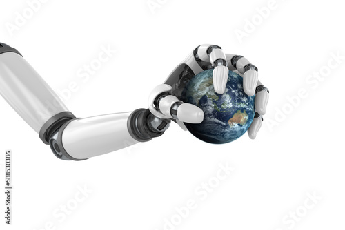 Digital image of metallic robot hand holding earth