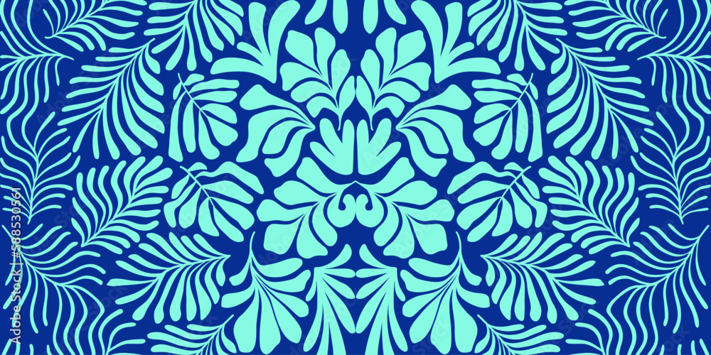 Turquoise blue abstract background with tropical palm leaves in Matisse style. Vector seamless pattern with Scandinavian cut out elements. Turquoise blue abstract background with tropical palm leaves in Matisse style. Vector seamless pattern with Scandinavian cut out elements.