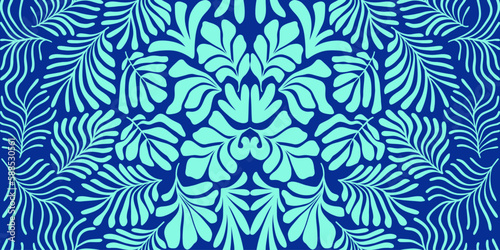 Turquoise blue abstract background with tropical palm leaves in Matisse style. Vector seamless pattern with Scandinavian cut out elements.