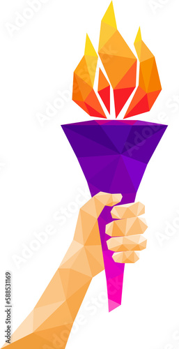 Hand Holding Flaming Torch. Low Poly Geometric