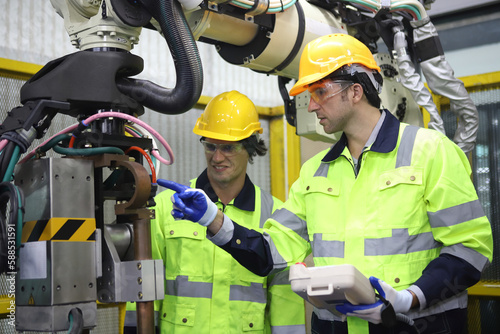 engineer teaching robot welding machine , explanation how to working of robot arm , all function is controlled by remote