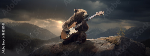 bear, animal, guitar, music, rock, musician, instrument, guitarist, electric, playing, musical, play, woman, band, bass, string, sound, black, hat, concert, person, boy, player, guy, performance, acou