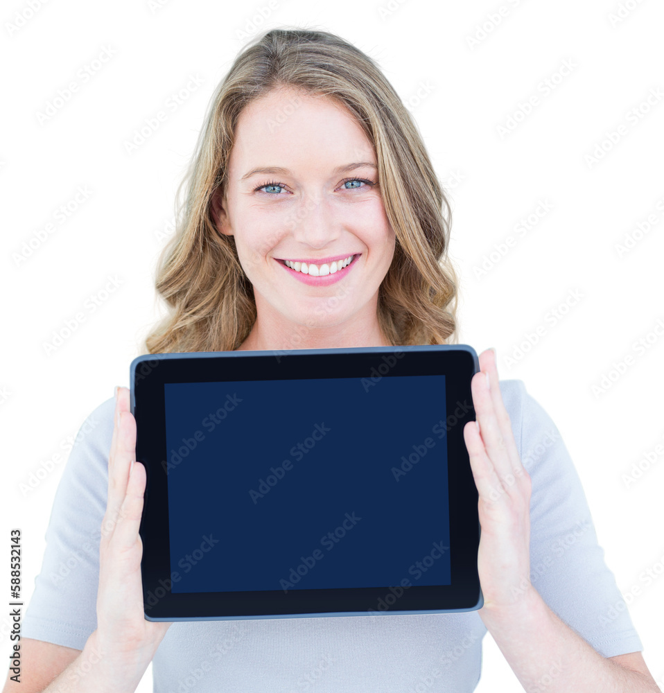 Portrait of happy woman showing digital tablet Portrait of happy woman showing digital tablet