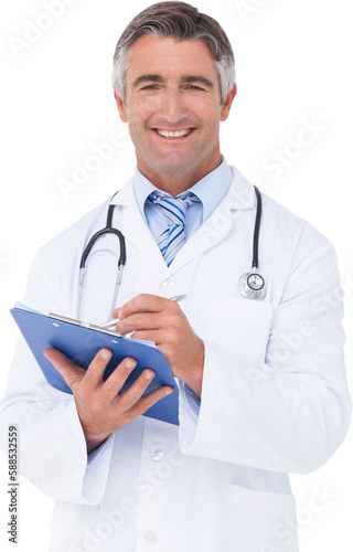 Happy doctor writing on clipboard