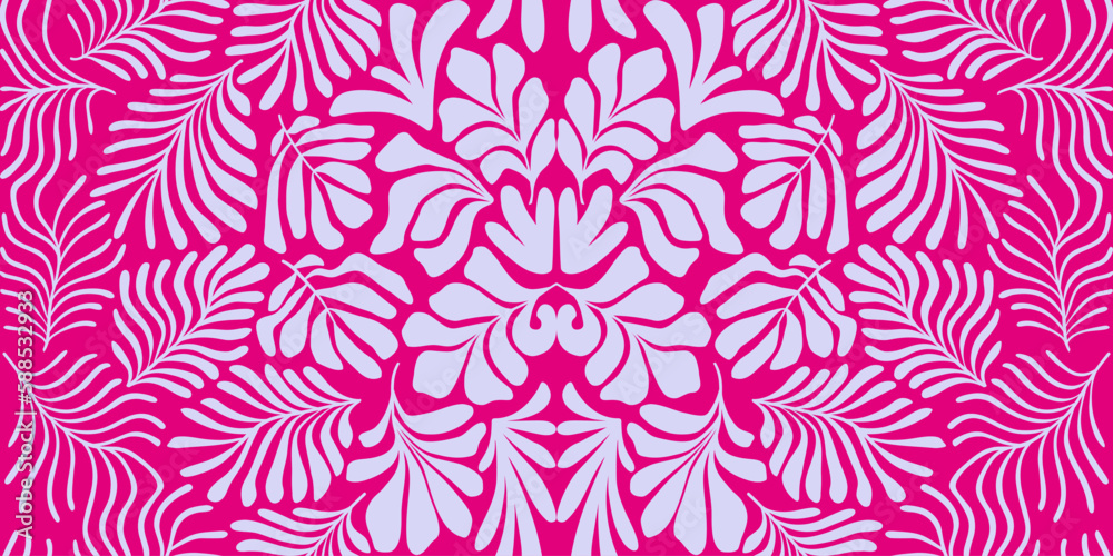 Purple pink abstract background with tropical palm leaves in Matisse style. Vector seamless pattern with Scandinavian cut out elements. Purple pink abstract background with tropical palm leaves in Matisse style. Vector seamless pattern with Scandinavian cut out elements.