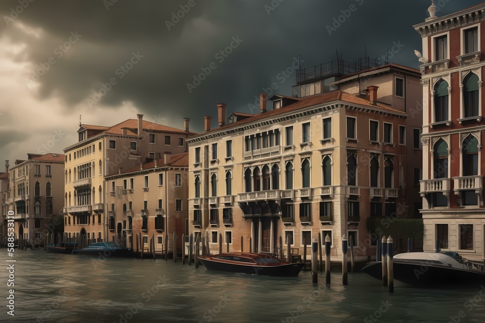 A canal with buildings along it Generative AI