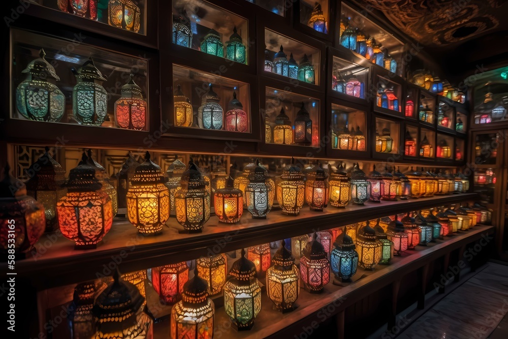 A shelf with many glass jars on it Generative AI