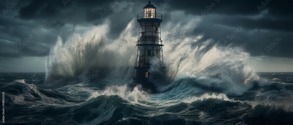 Tall lighthouse stands in the middle of a stormy sea with waves. Generative AI