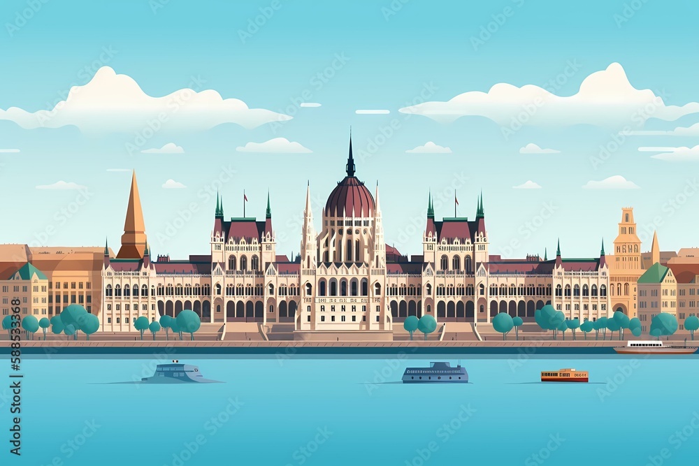 Fototapeta premium A large building with a body of water in front of it Generative AI