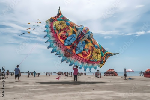 A large kite flies over a beach Generative AI © Etverk Illustration