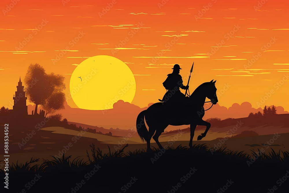 A person riding a horse in front of a sunset Generative AI