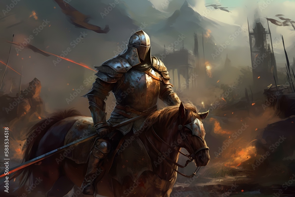 Fototapeta premium A person in armor riding a horse Generative AI