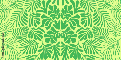 Yellow lime green abstract background with tropical palm leaves in Matisse style. Vector seamless pattern with Scandinavian cut out elements.