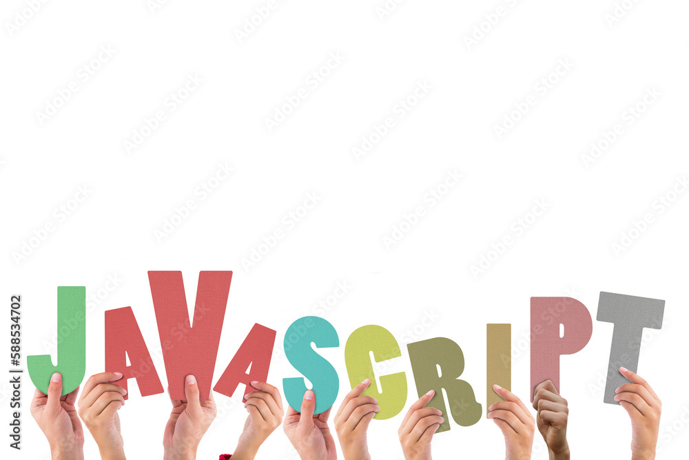 Colorful alphabet spelling JavaScript held up by people Colorful alphabet spelling JavaScript held up by people