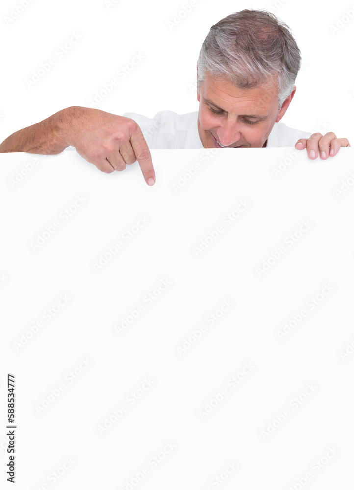 Casual man showing a poster Casual man showing a poster