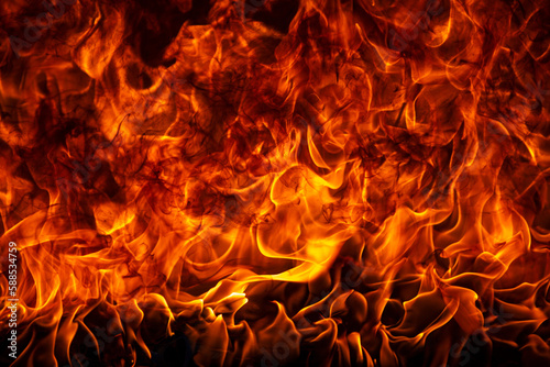 Texture of fire on a black background. Abstract fire flame background, large burning fire.