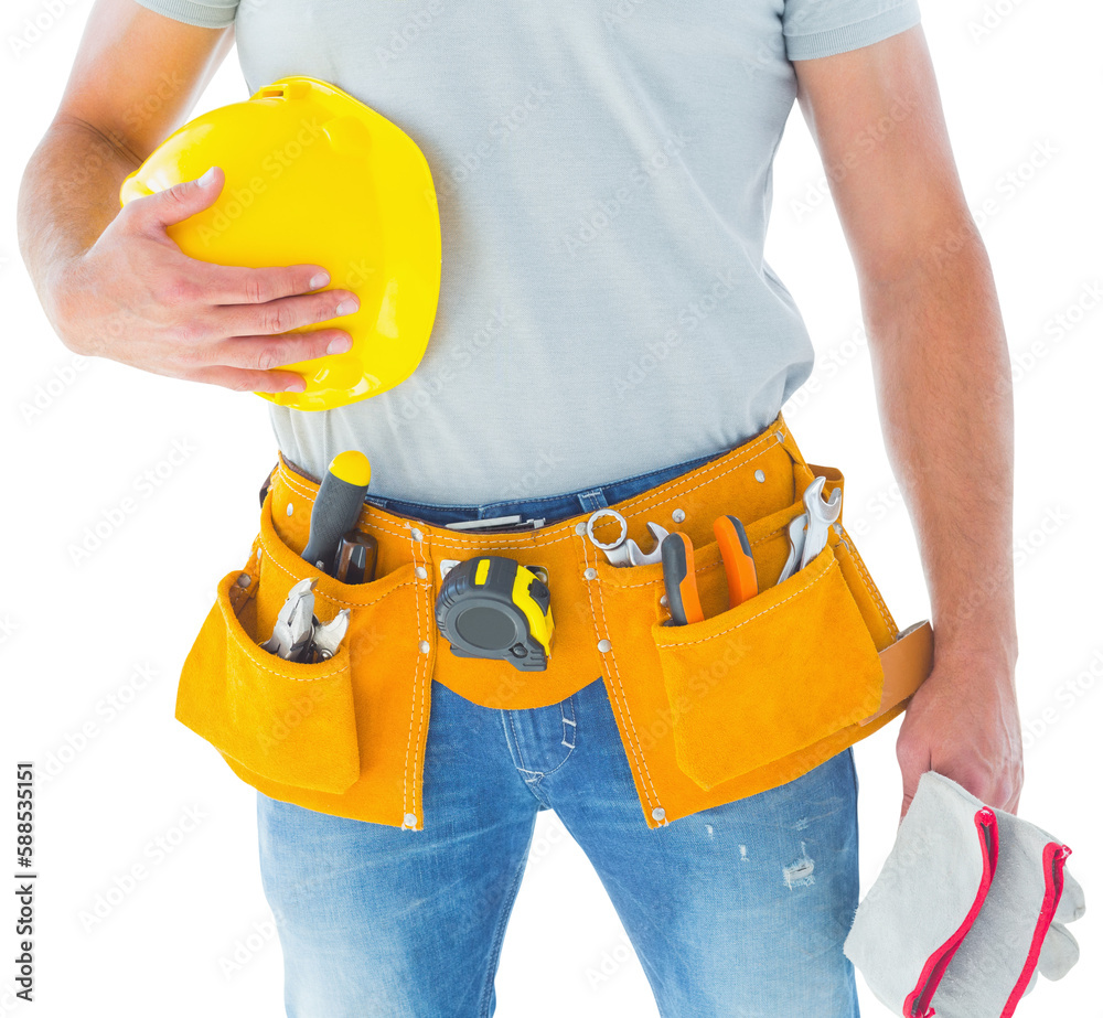 Midsection of handyman wearing tool belt Midsection of handyman wearing tool belt