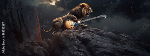 lion, play, guitar, rock, music, animal, pet, puppy, isolated, cute, white, canine, cocker, spaniel, mammal, breed, brown, domestic, adorable, black, bear, doggy, portrait, looking, generative ai © Eugene