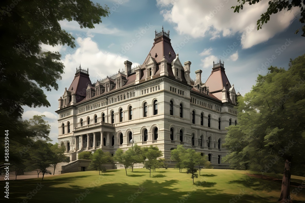 A large white building with trees in front of it Generative AI A large white building with trees in front of it Generative AI