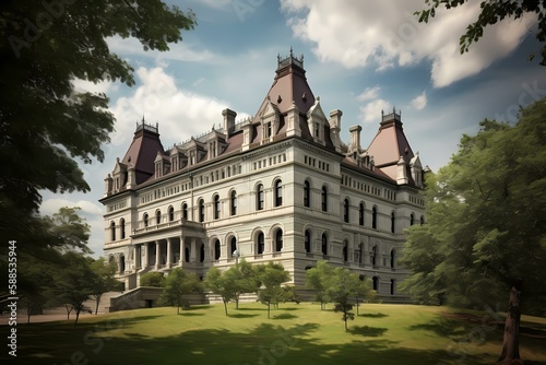 A large white building with trees in front of it Generative AI