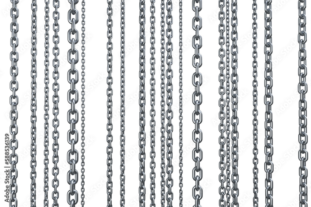 3d image of linked metallic silver chains hanging 3d image of linked metallic silver chains hanging