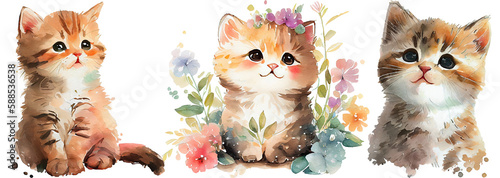 Cute baby cat smiling, watercolor kitten illustration, cat on white background, generative AI