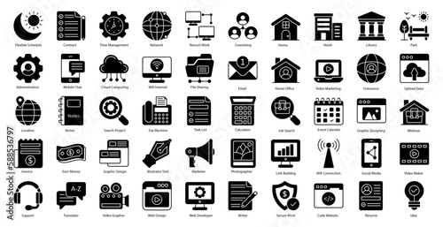 Frelancer Glyph Icons Remote Work Icon Set in Glyph Style 50 Vector Icons in Black