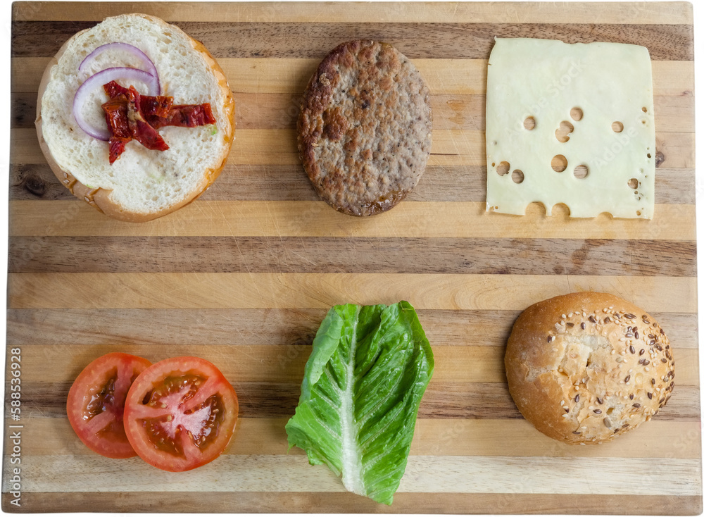 Hamburger ingredients on cutting board