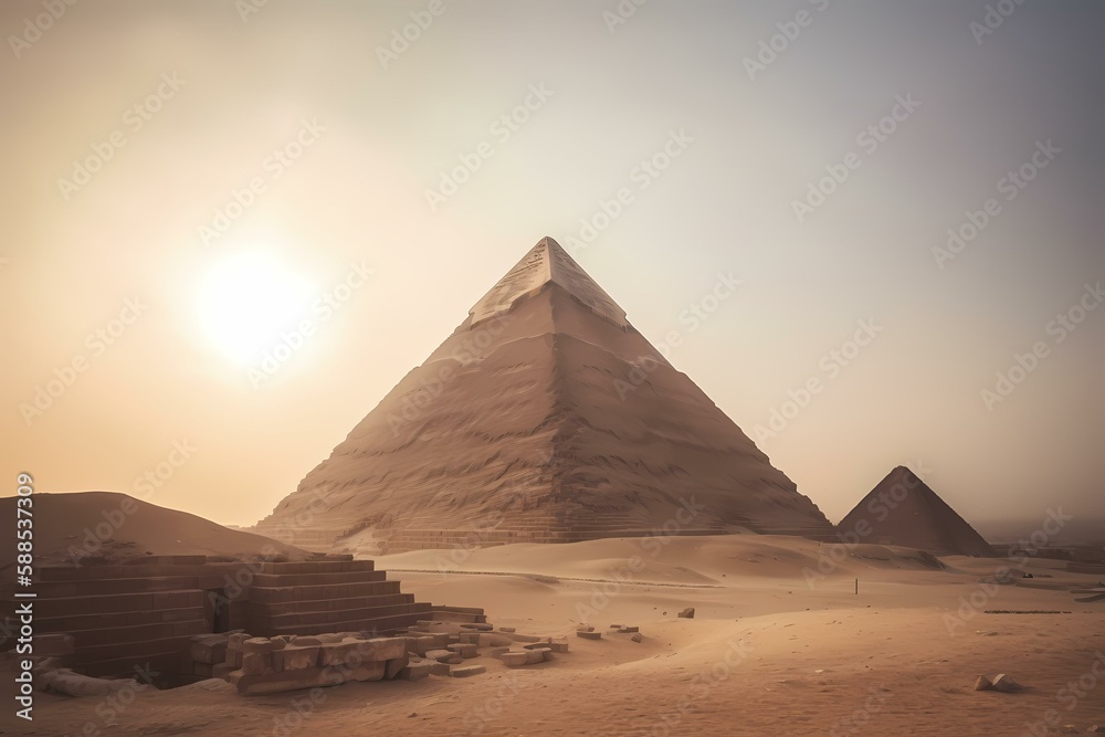 Pyramids in a desert with great pyramid of giza in the background Generative AI