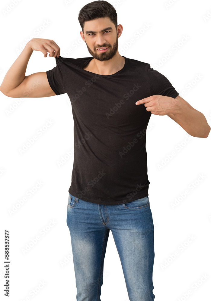 Portrait of man pointing at t-shirt Portrait of man pointing at t-shirt