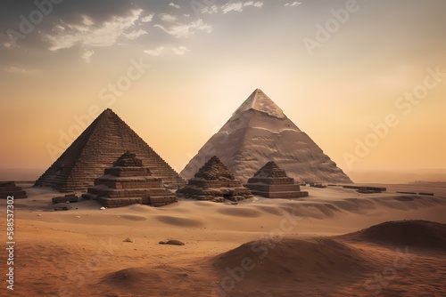 Pyramids in a desert with great pyramid of giza in the background Generative AI