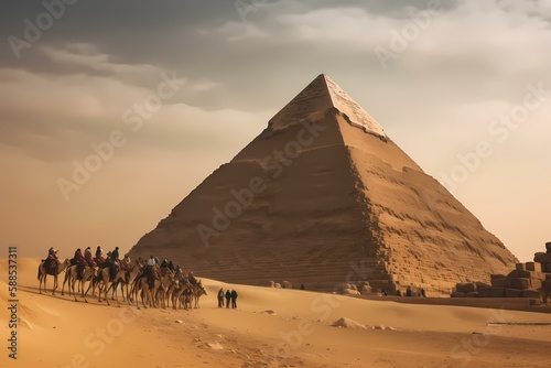 A group of people riding camels in front of a pyramid Generative AI