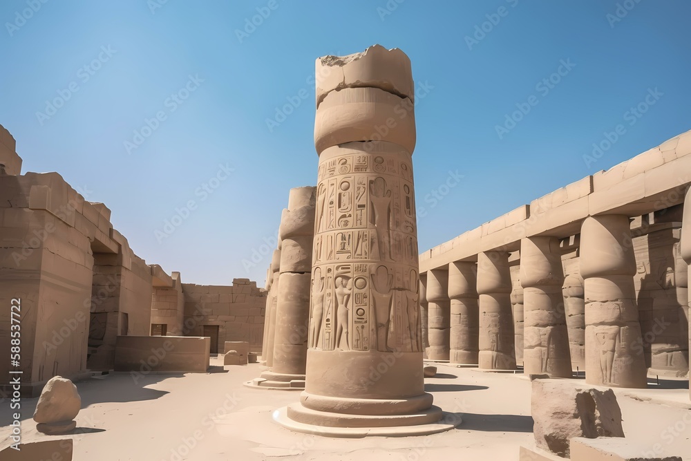 A large stone structure in a desert with karnak in the background Generative AI