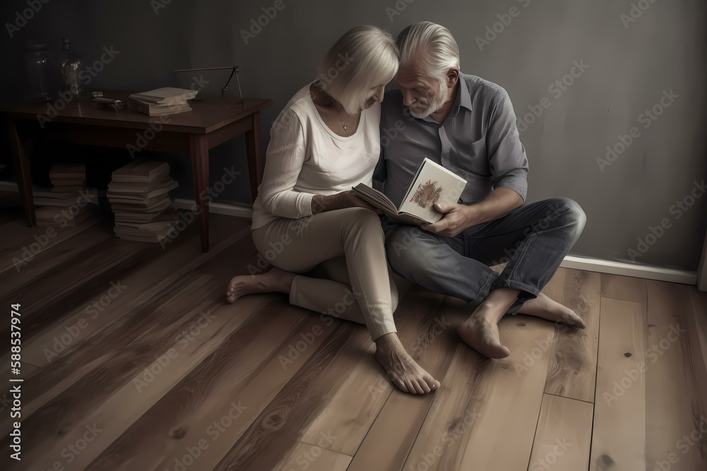 A man and a woman sitting on a wood floor reading a book Generative AI
