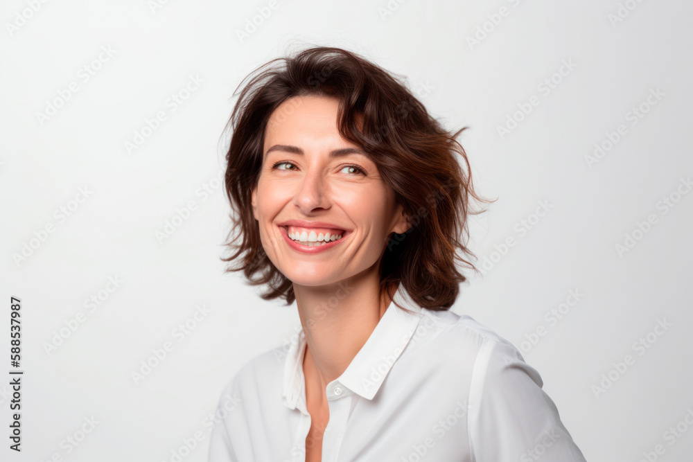 Smiling happy woman in her 40s with short brown hair on a white background. Generative AI Smiling happy woman in her 40s with short brown hair on a white background. Generative AI