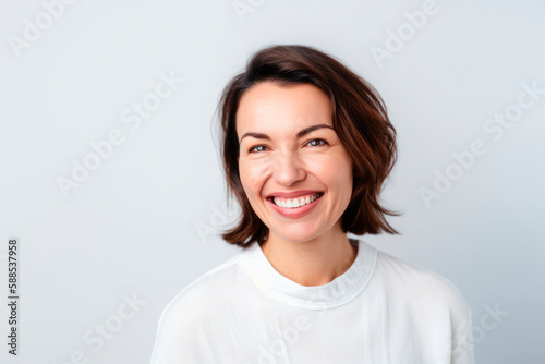 Cheerful happy woman in her 40s with short brown hair  beaming on a white background. Generative AI