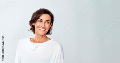 Smiling happy woman in her 40s with short brown hair on a white background. Generative AI