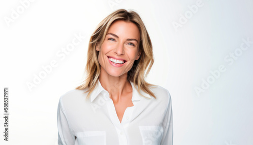 Joyful happy blonde woman in her 40s with a radiant smile in a white shirt. Generative AI