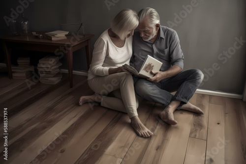 A man and a woman sitting on a wood floor reading a book Generative AI