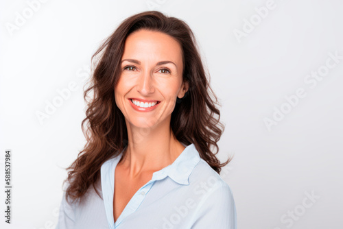 Smiling happy woman with long brunette hair in light blue blouse in her 40s on white background. Generative AI