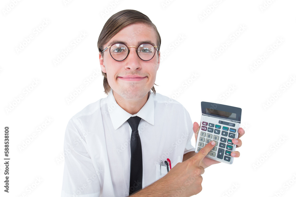Geeky smiling businessman showing calculator Geeky smiling businessman showing calculator