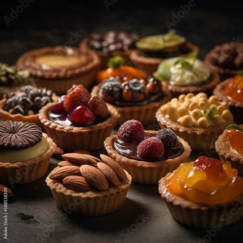 mini-gâteaux français (mini French cakes), macarons, madeleines, éclairs, financiers, cannelés, tartes (tarts), mignardises (small pastries), choux à la crème (cream puffs), calissons, croissants, pai