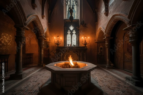 A large room with a fireplace and a table with a candle on it Generative AI