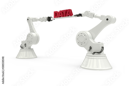 Metallic robotic hands holding red data message against white background