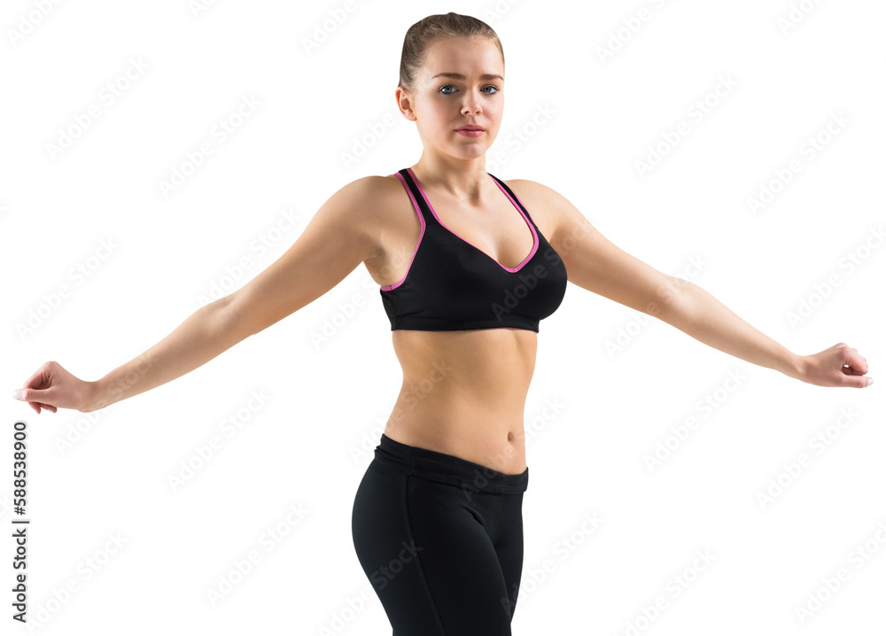 Fit brunette stretching and looking at camera Fit brunette stretching and looking at camera