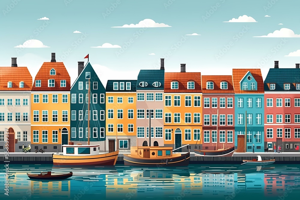 Obraz premium A group of colorful buildings next to a body of water with willemstad in the background Generative AI