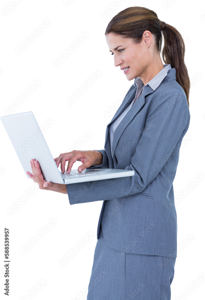 Side view businesswoman using laptop Side view businesswoman using laptop