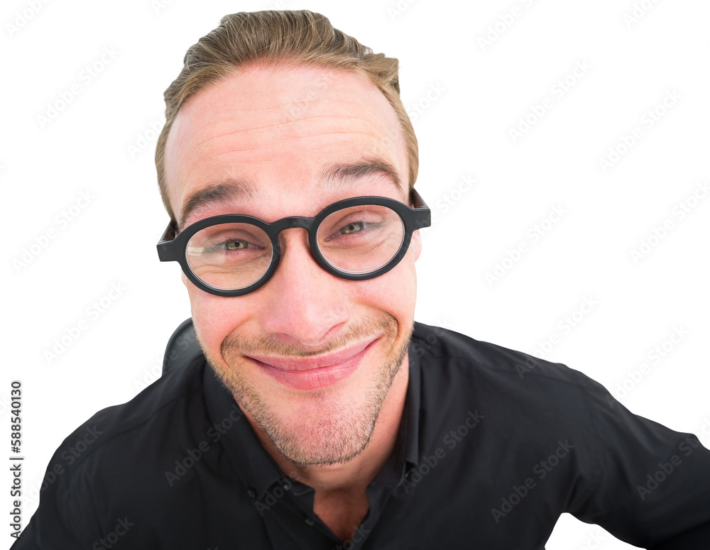 Businessman with reading glasses making a face