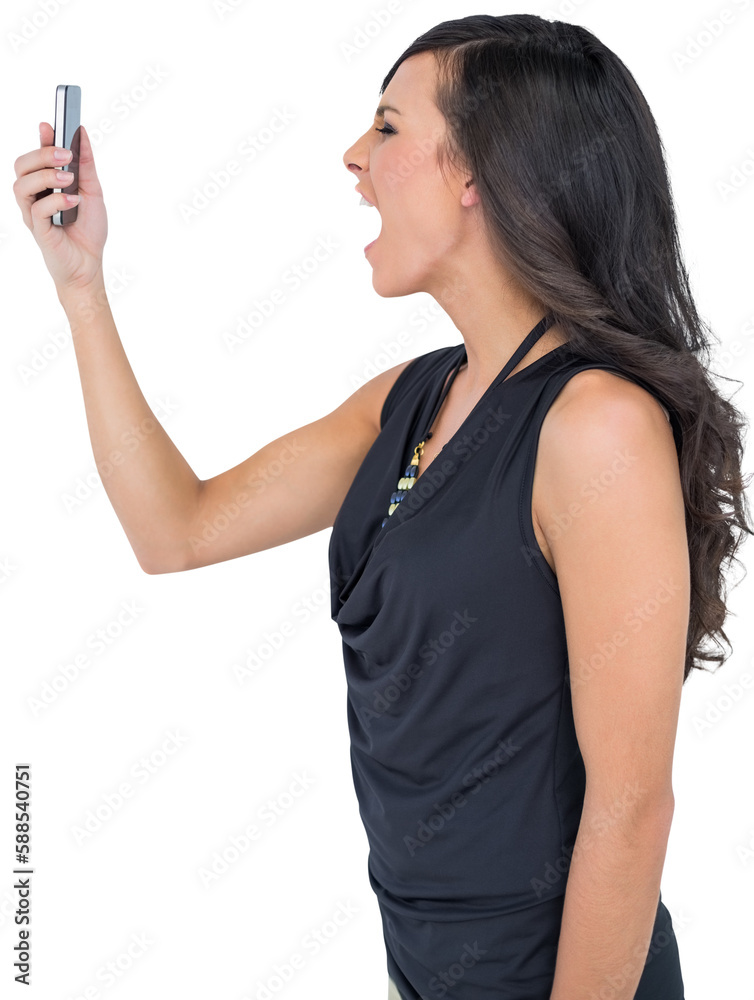 Elegant brown haired model screaming to her phone Elegant brown haired model screaming to her phone