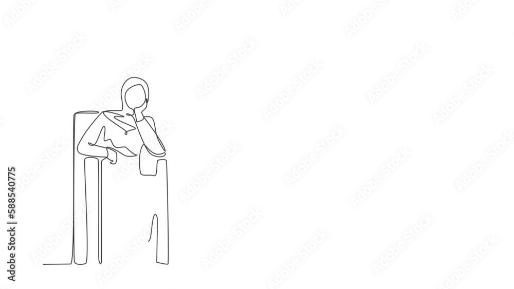 Animated self drawing of continuous line draw Arab businesswoman sitting at sofa, feeling alone. Anxious worker sit on couch, crying, feel frustrated, depressed, suffer. Full length one line animation Animated self drawing of continuous line draw Arab businesswoman sitting at sofa, feeling alone. Anxious worker sit on couch, crying, feel frustrated, depressed, suffer. Full length one line animation